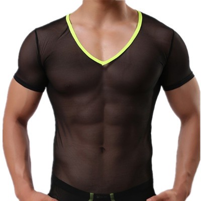 Mannelijke sexy mesh transparante V-hals ondershirts